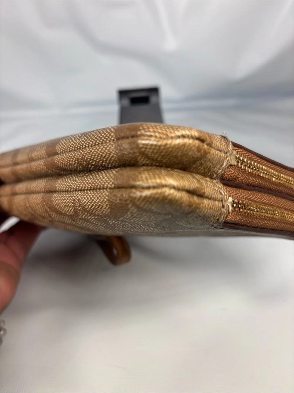 Coach Brown Signature Canvas Wristlet with Gold Logo